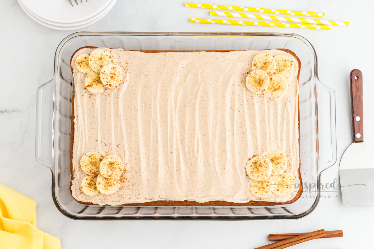 Banana Snack Cake with Cinnamon Sugar Cream Cheese Frosting