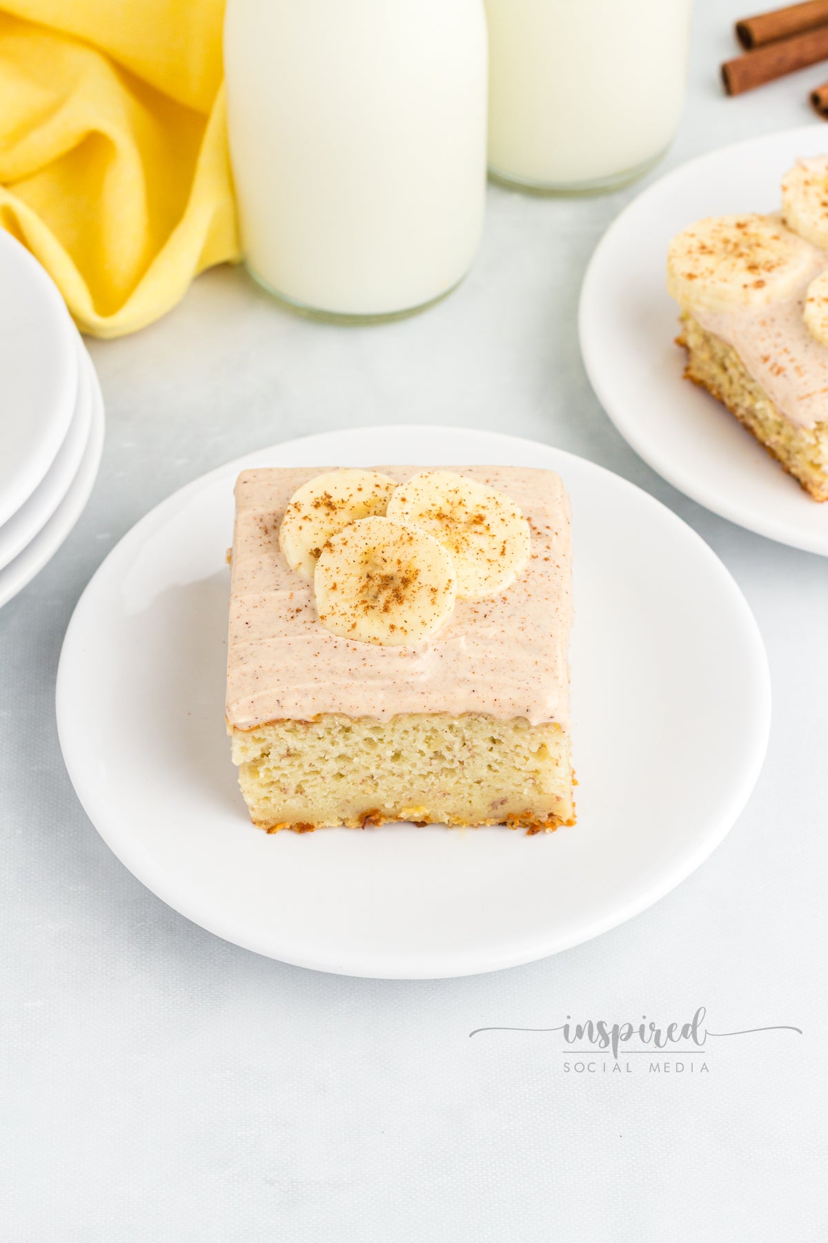 Banana Snack Cake with Cinnamon Sugar Cream Cheese Frosting