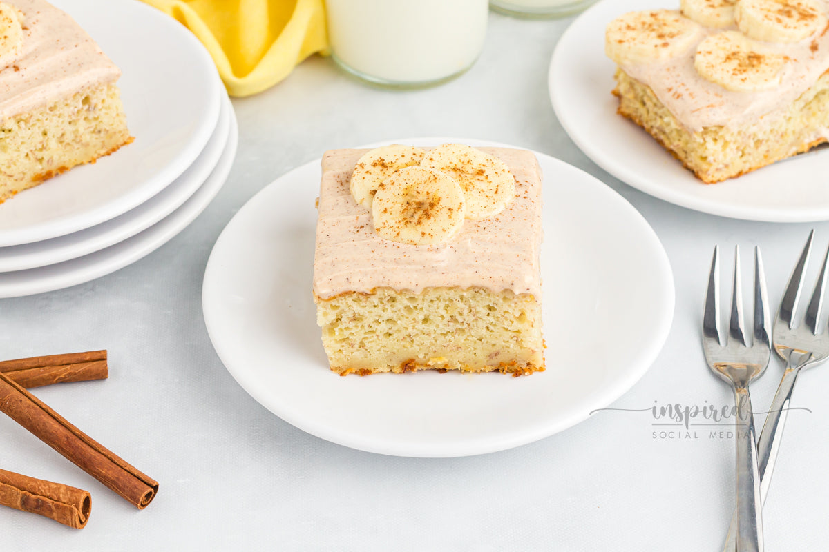 Banana Snack Cake with Cinnamon Sugar Cream Cheese Frosting