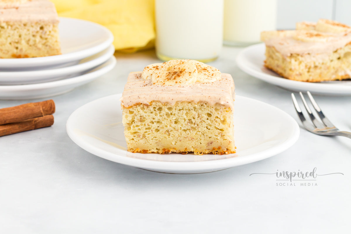 Banana Snack Cake with Cinnamon Sugar Cream Cheese Frosting
