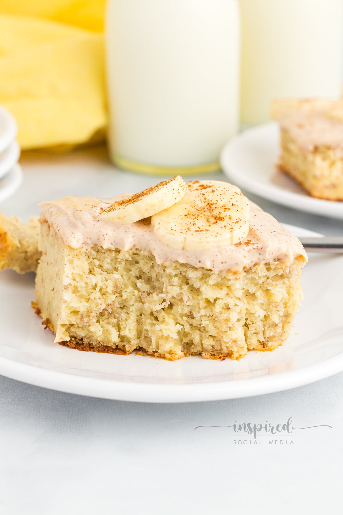 Banana Snack Cake with Cinnamon Sugar Cream Cheese Frosting