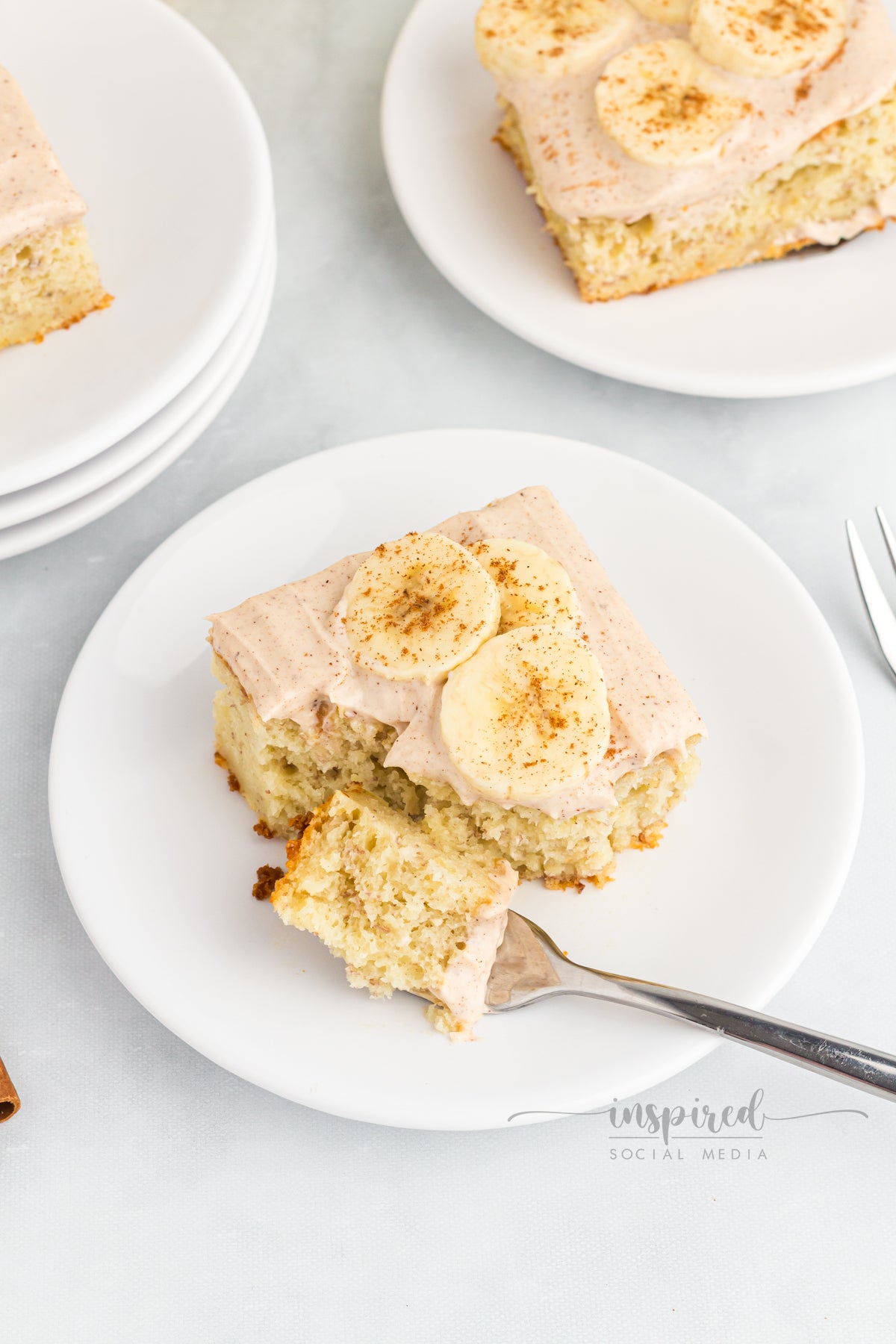 Banana Snack Cake with Cinnamon Sugar Cream Cheese Frosting