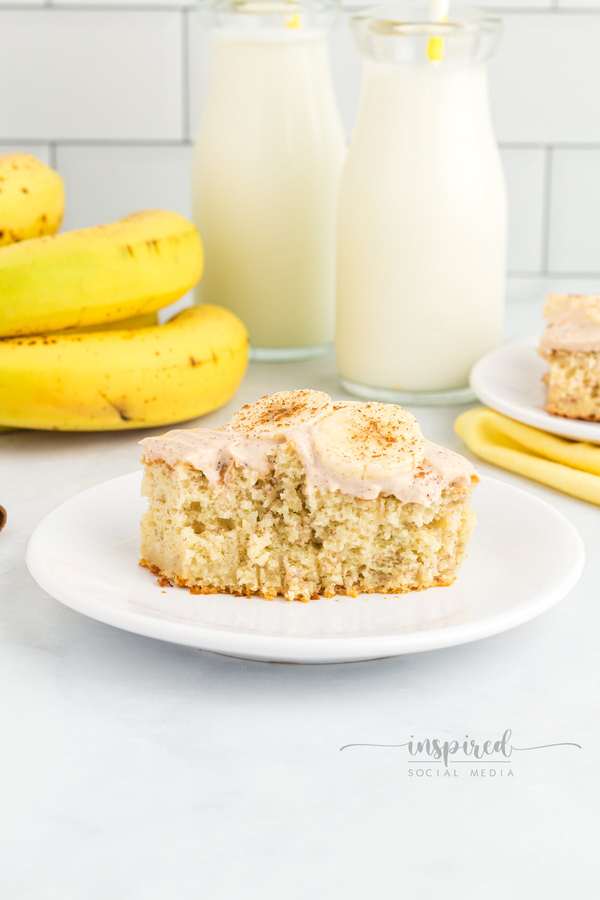 Banana Snack Cake with Cinnamon Sugar Cream Cheese Frosting