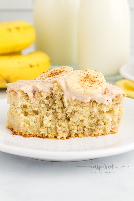 Banana Snack Cake with Cinnamon Sugar Cream Cheese Frosting
