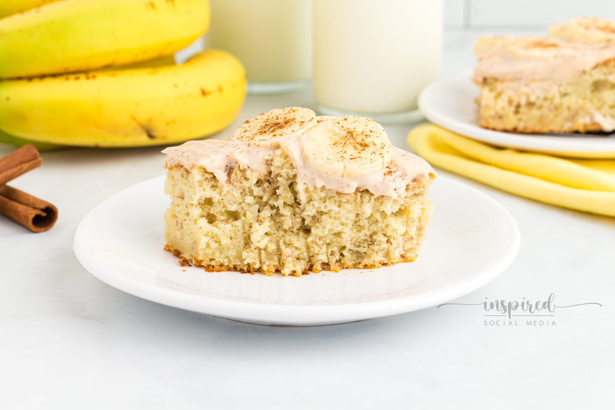 Banana Snack Cake with Cinnamon Sugar Cream Cheese Frosting