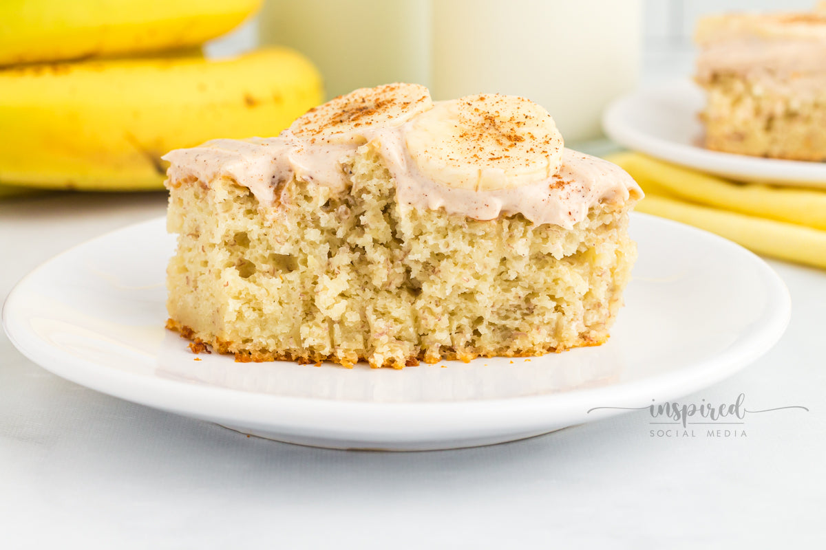 Banana Snack Cake with Cinnamon Sugar Cream Cheese Frosting