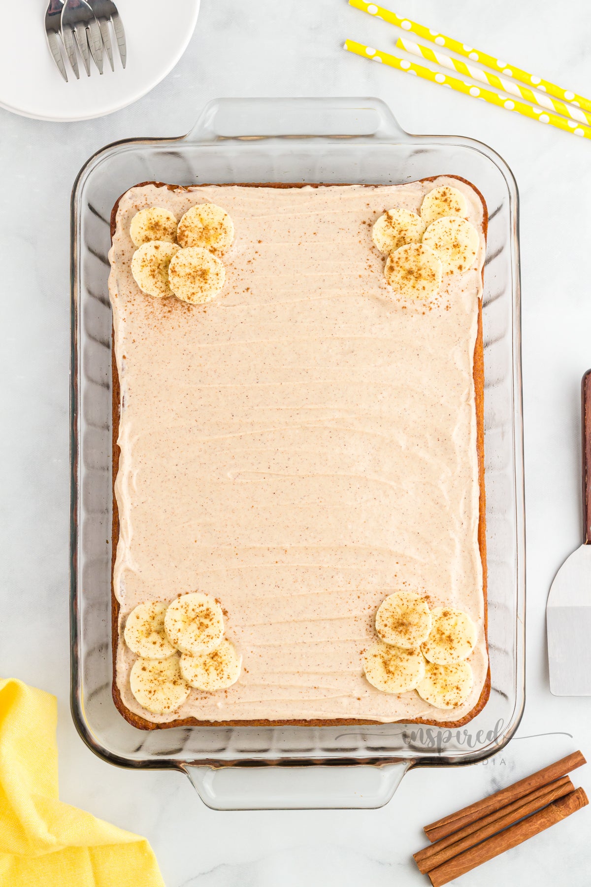 Banana Snack Cake with Cinnamon Sugar Cream Cheese Frosting